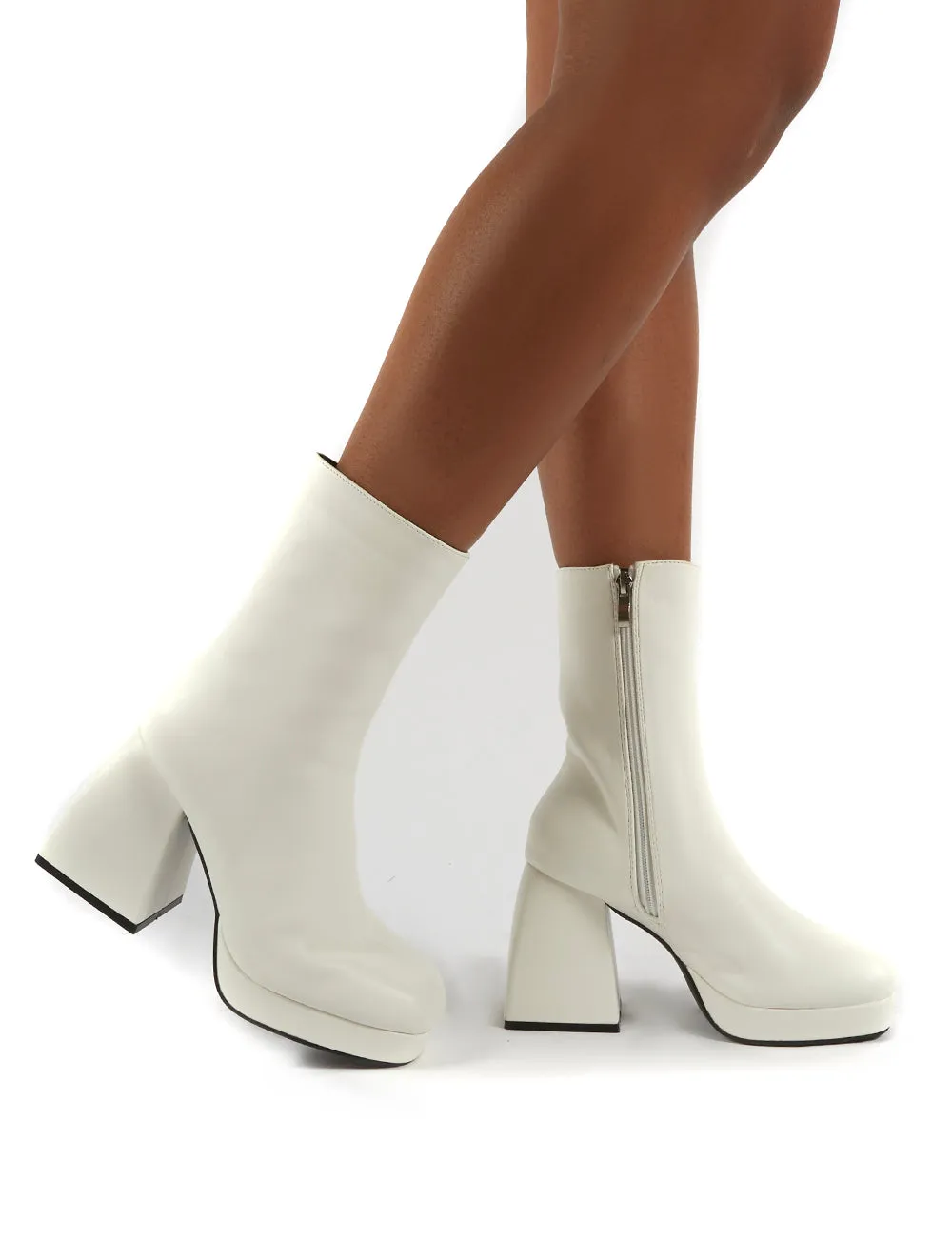 Addilyn Wide Fit White Chunky Heel Ankle Boots