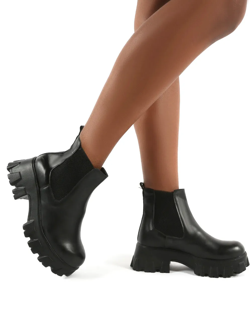 Attain Black PU Chunky Sole Ankle Boots