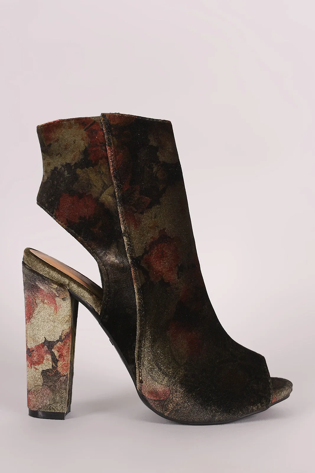 Bamboo Floral Velvet Peep Toe Chunky Heeled Booties