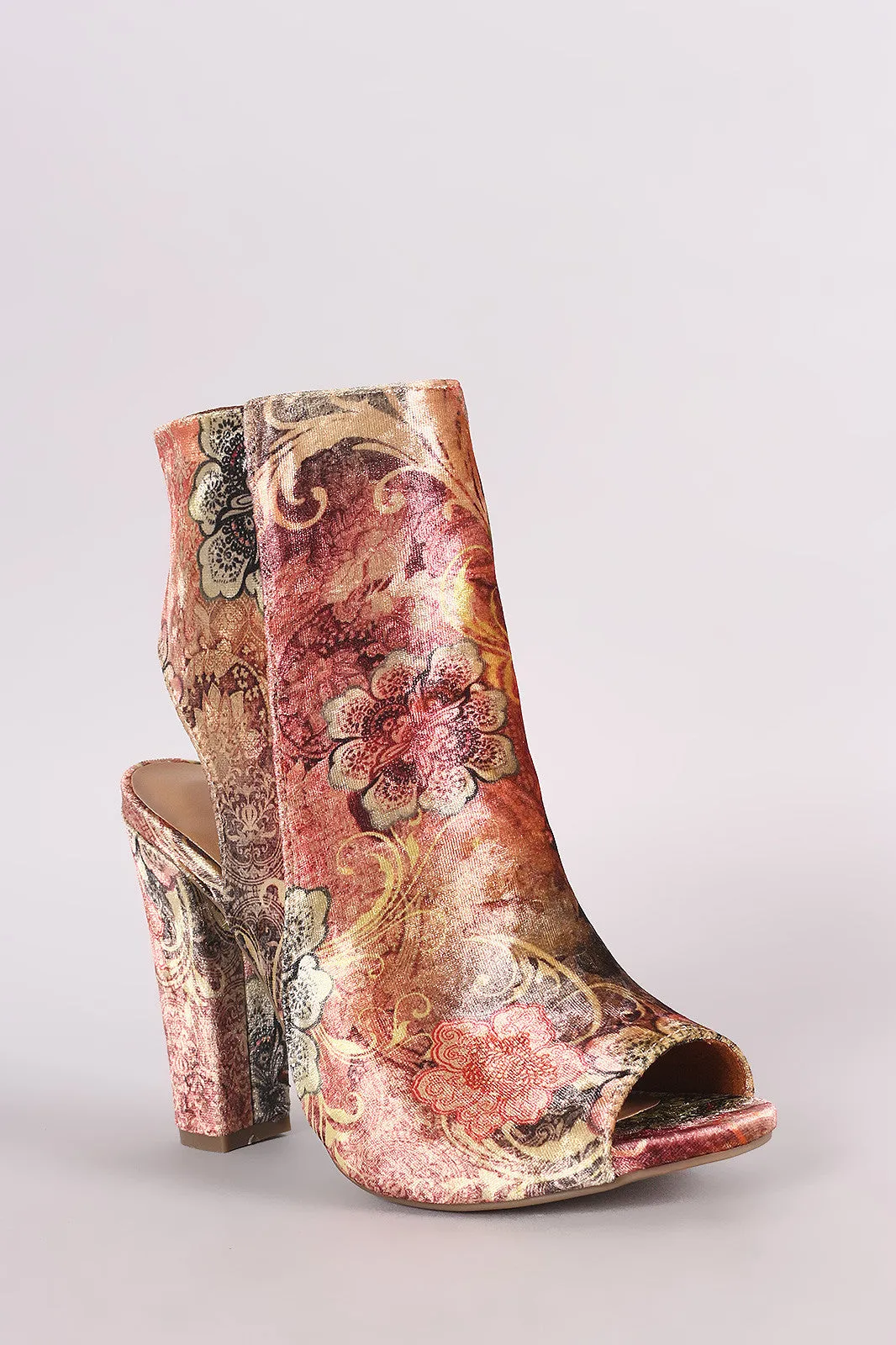 Bamboo Floral Velvet Peep Toe Chunky Heeled Booties