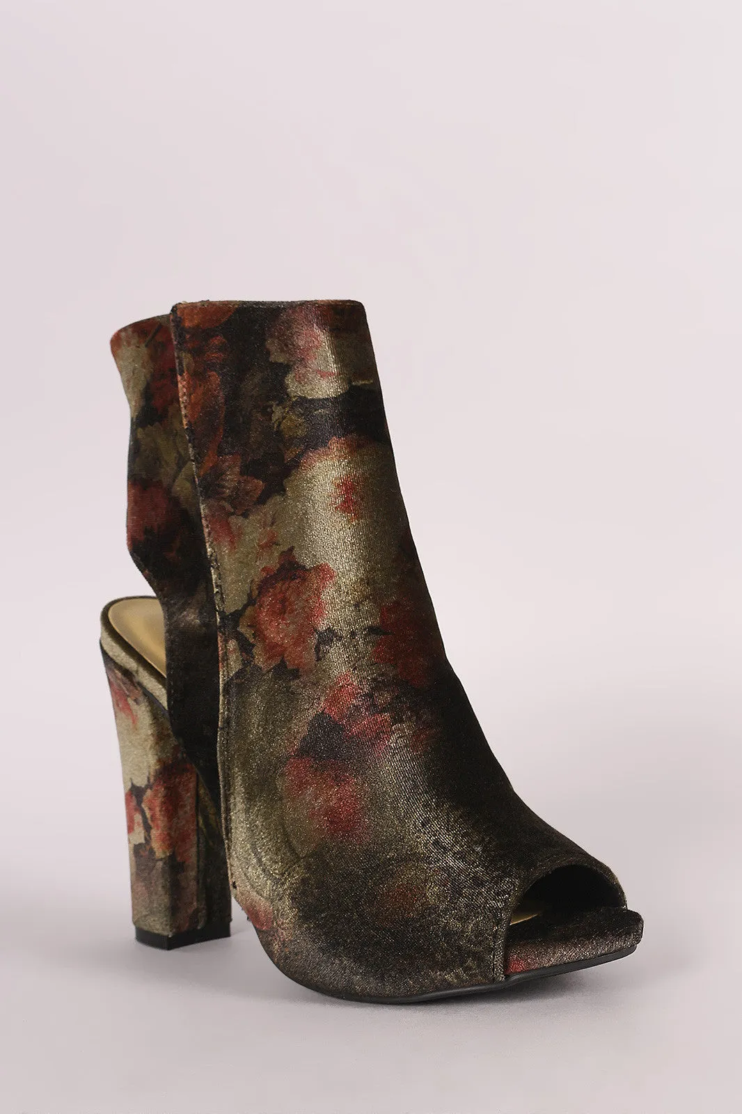 Bamboo Floral Velvet Peep Toe Chunky Heeled Booties