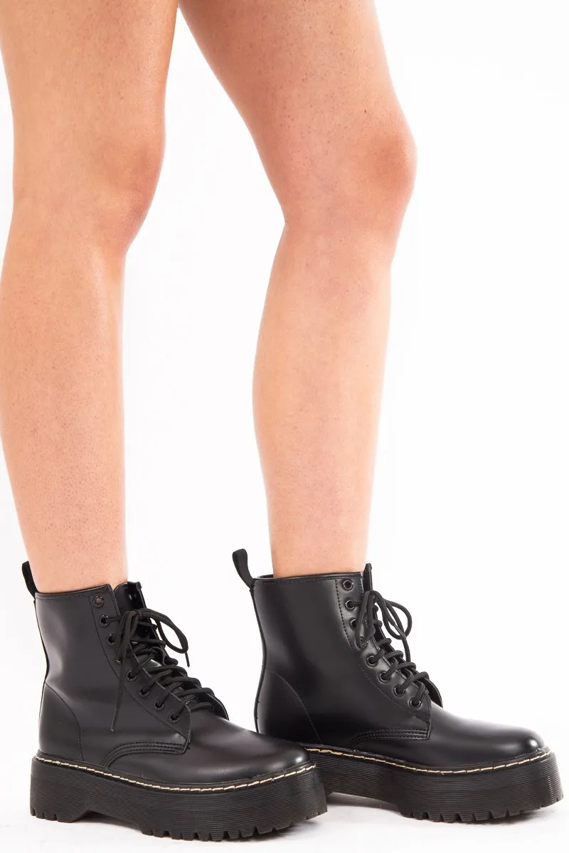 Black Faux Leather Platform Chunky Ankle Boots - Miami