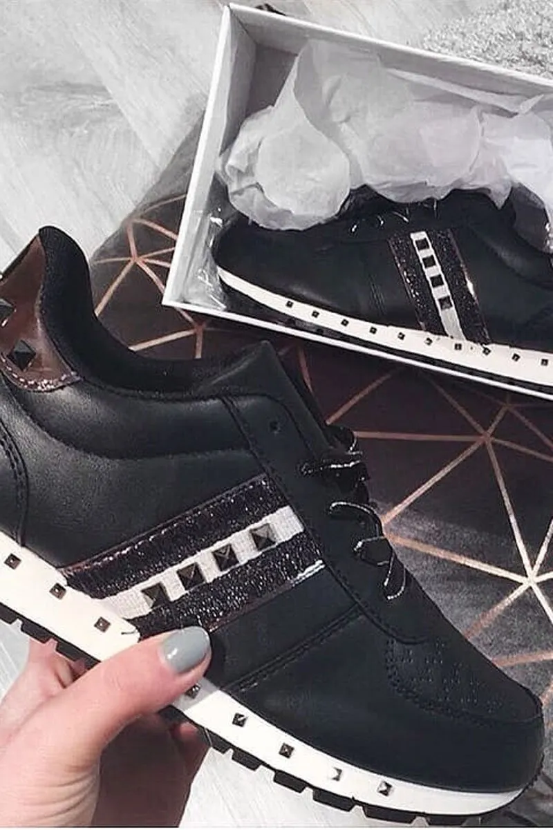 Black Studded Ribbon Lace Up Trainers - Mckynley