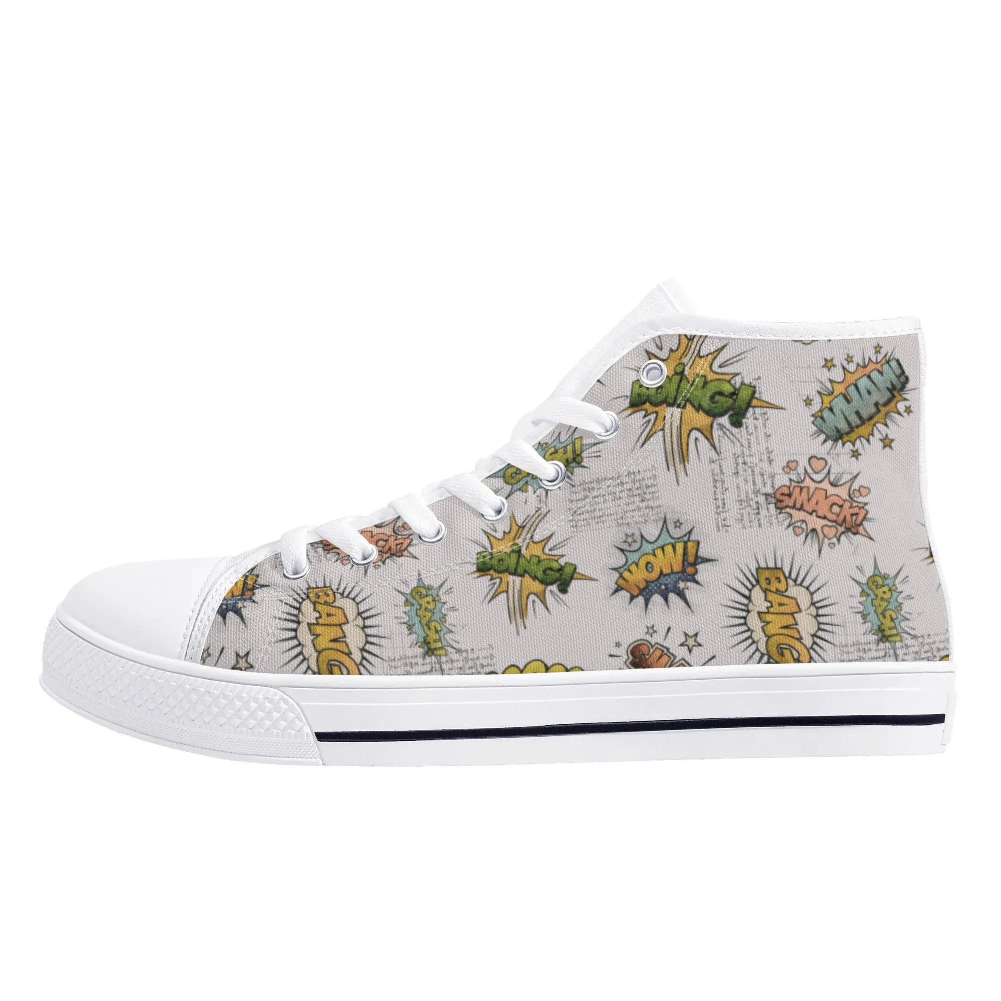 Canvas High Top Sneakers | Vintage Grey | Unique Onomatopoeia Print | Retro Comic style