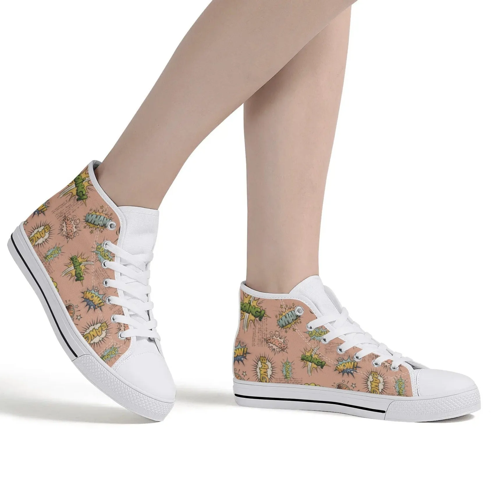 Canvas High Top Sneakers | Vintage Pink | Unique Onomatopoeia Print | Retro Comic style