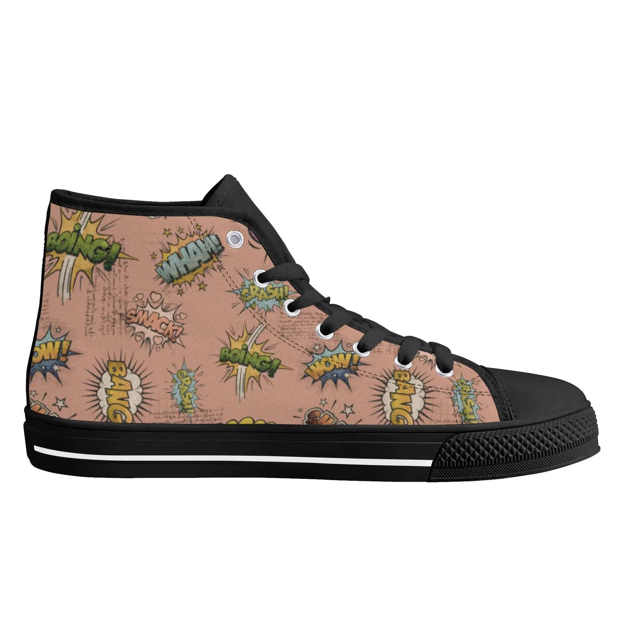 Canvas High Top Sneakers | Vintage Pink | Unique Onomatopoeia Print | Retro Comic style