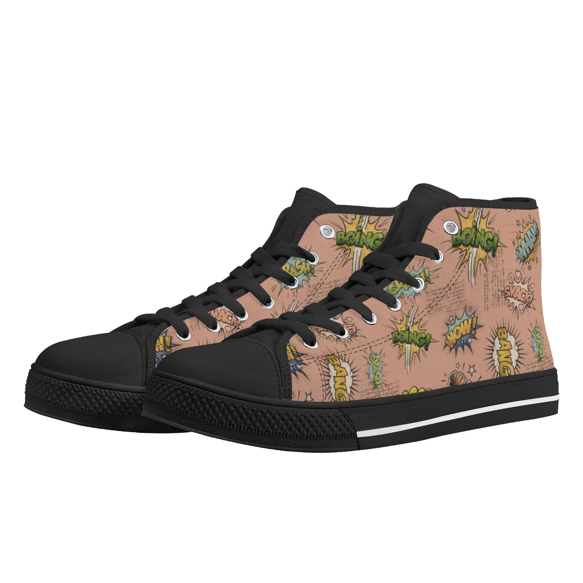 Canvas High Top Sneakers | Vintage Pink | Unique Onomatopoeia Print | Retro Comic style