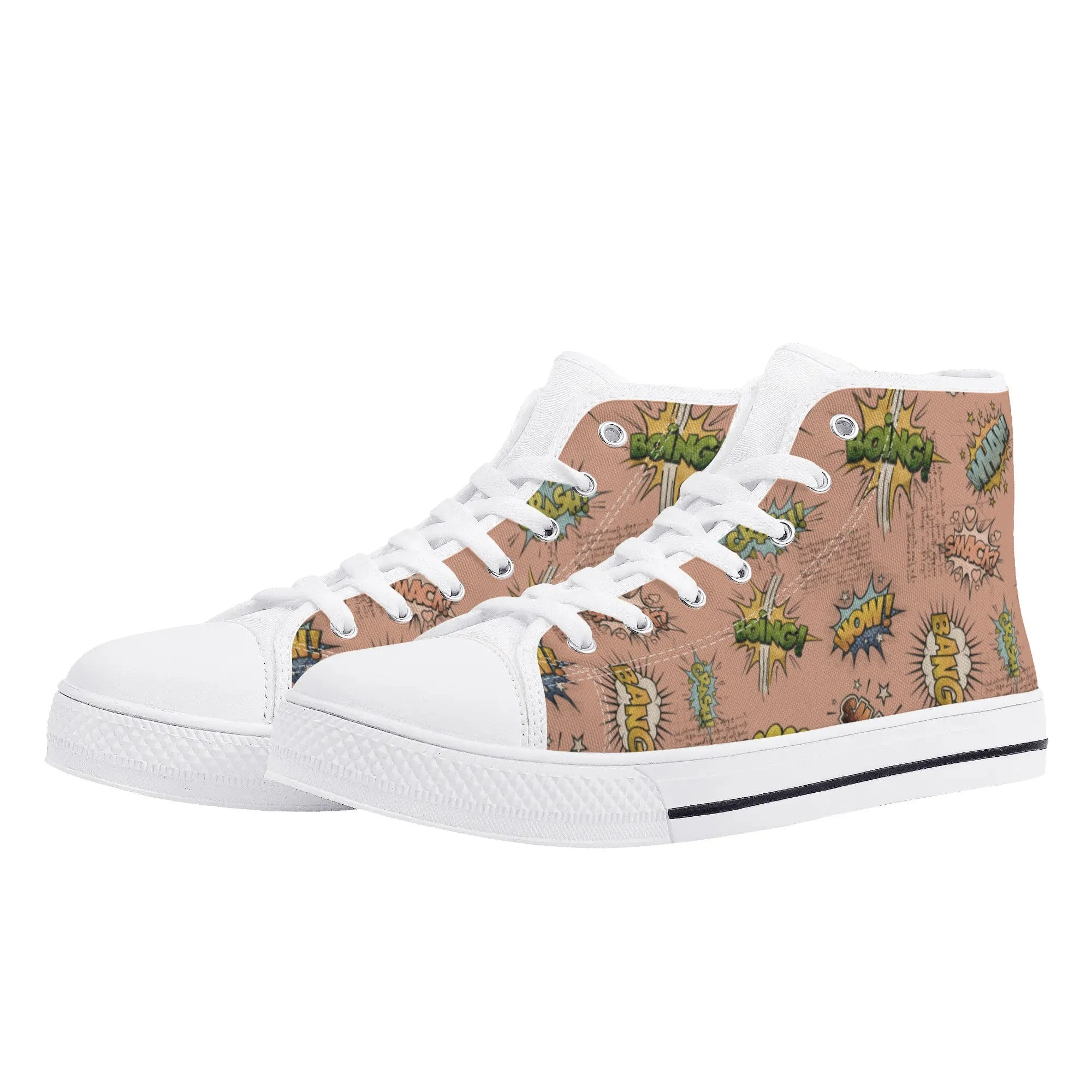 Canvas High Top Sneakers | Vintage Pink | Unique Onomatopoeia Print | Retro Comic style