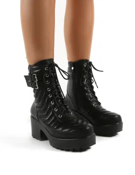 Carbon Black Lace Up Platorm Sole Block Heeled Ankle Boots