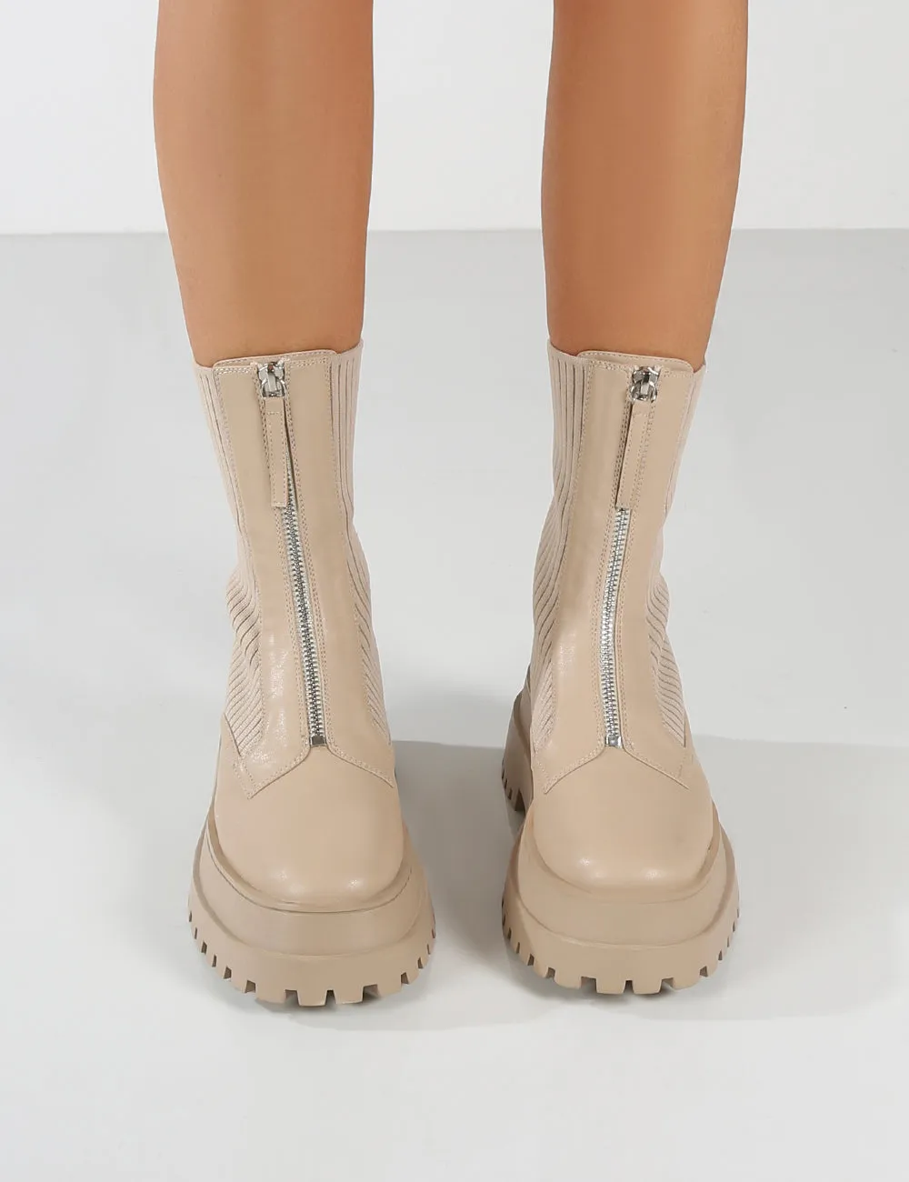 Code Nude PU Chunky Zip Up Detail Ankle Boots