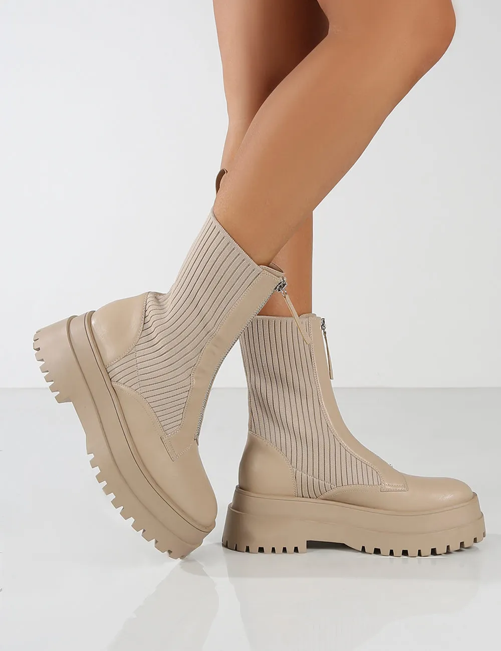 Code Nude PU Chunky Zip Up Detail Ankle Boots