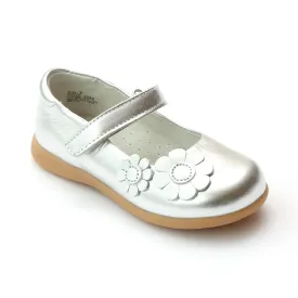 FINAL SALE - L'Amour Girls J348 Silver Sporty Flower Mary Janes