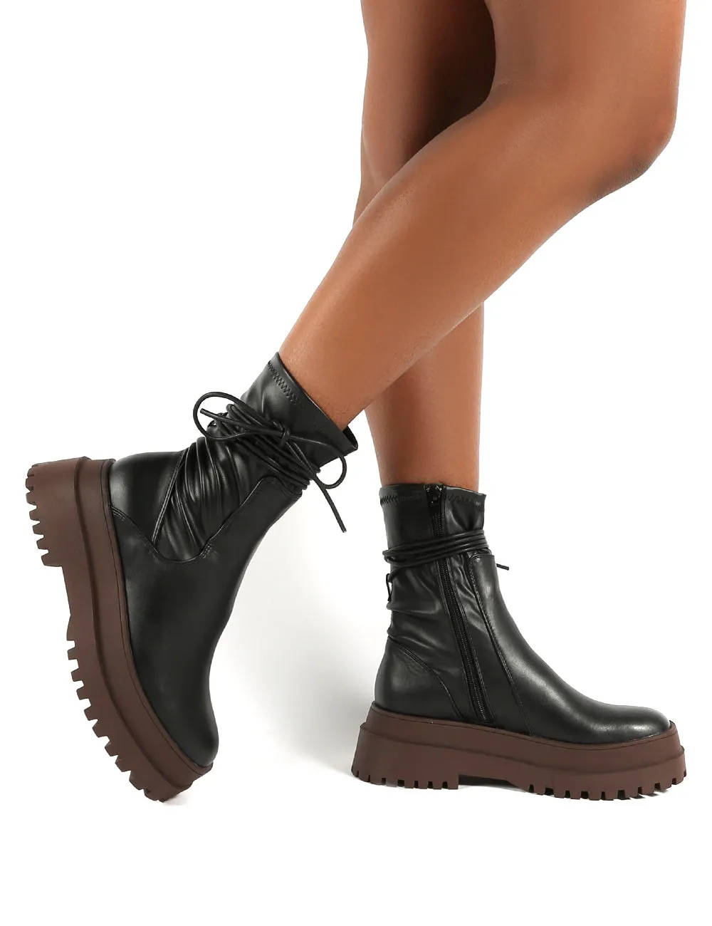 Finale Black Pu Chocolate Chunky Sole Ankle Wrap Boots