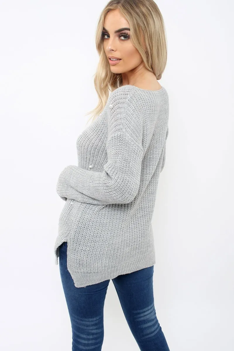 Grey Chunky Knit Pearl Jumper - Terri