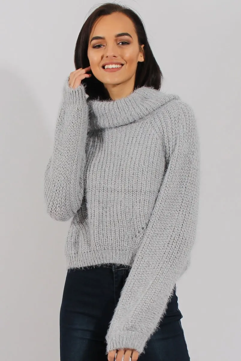 Grey Cropped Roll Neck Jumper - Sophia