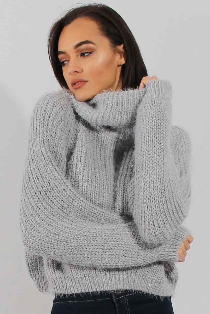 Grey Cropped Roll Neck Jumper - Sophia