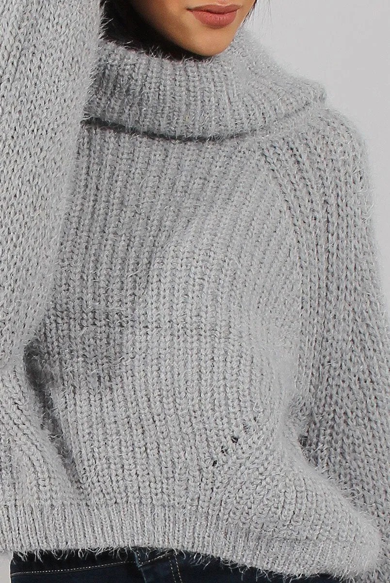 Grey Cropped Roll Neck Jumper - Sophia