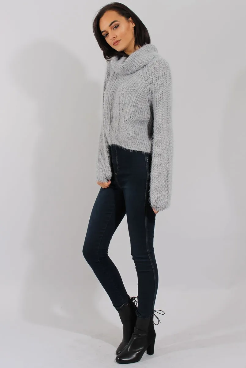 Grey Cropped Roll Neck Jumper - Sophia