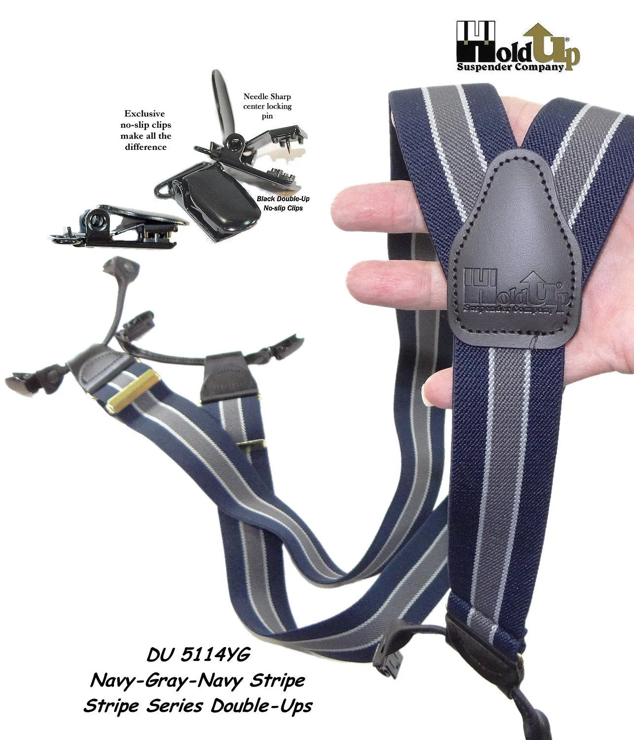 Hold-Ups Navy Blue with Gray and White Stripe Double-up Suspenders with Black No-slip Clips