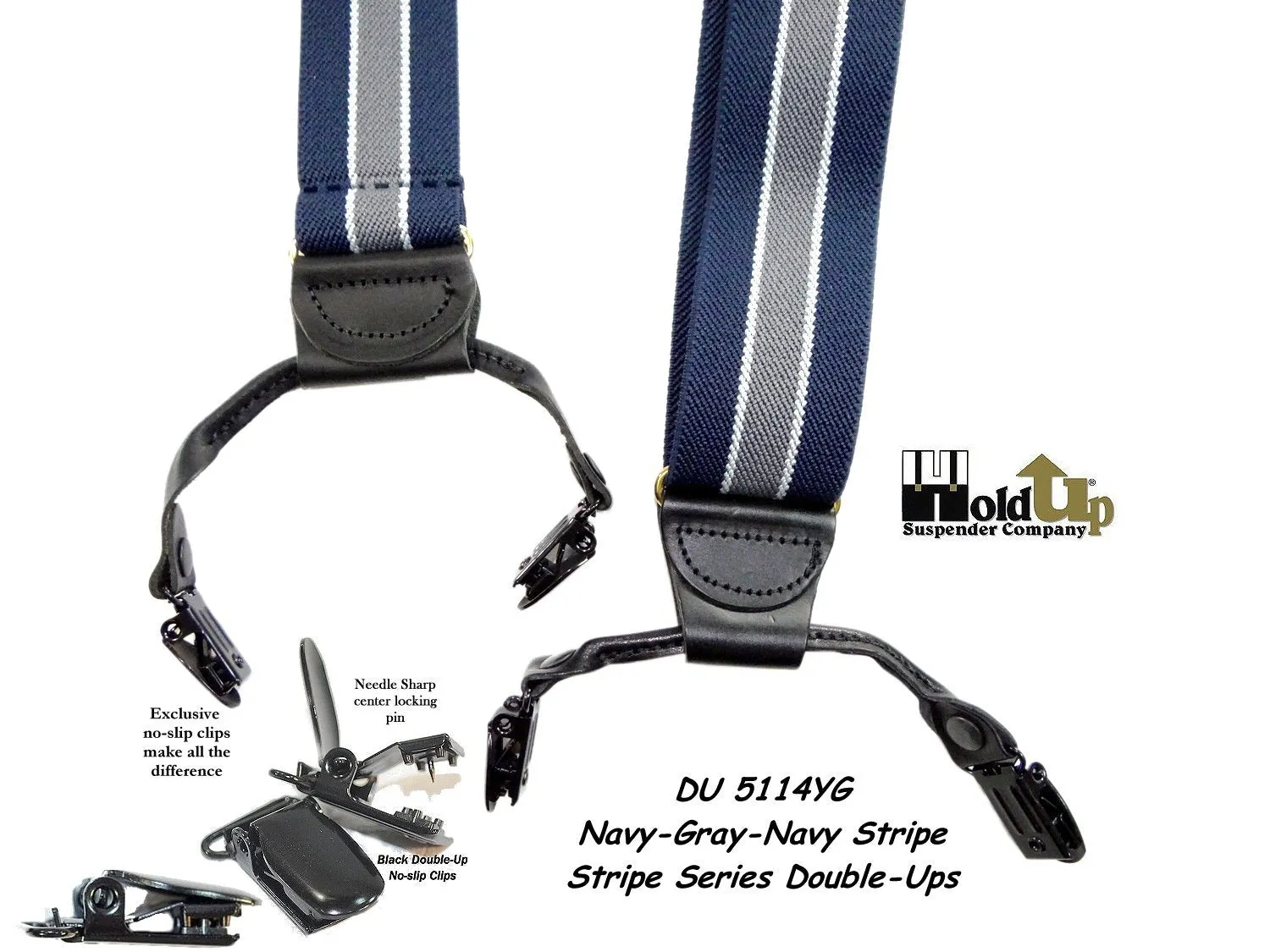 Hold-Ups Navy Blue with Gray and White Stripe Double-up Suspenders with Black No-slip Clips