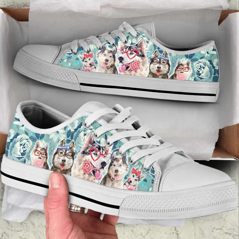 Husky Dog Flowers Pattern Low Top Shoes Canvas Sneakers Casual Shoes, Dog Printed Shoes, Canvas Shoes For Men, Women