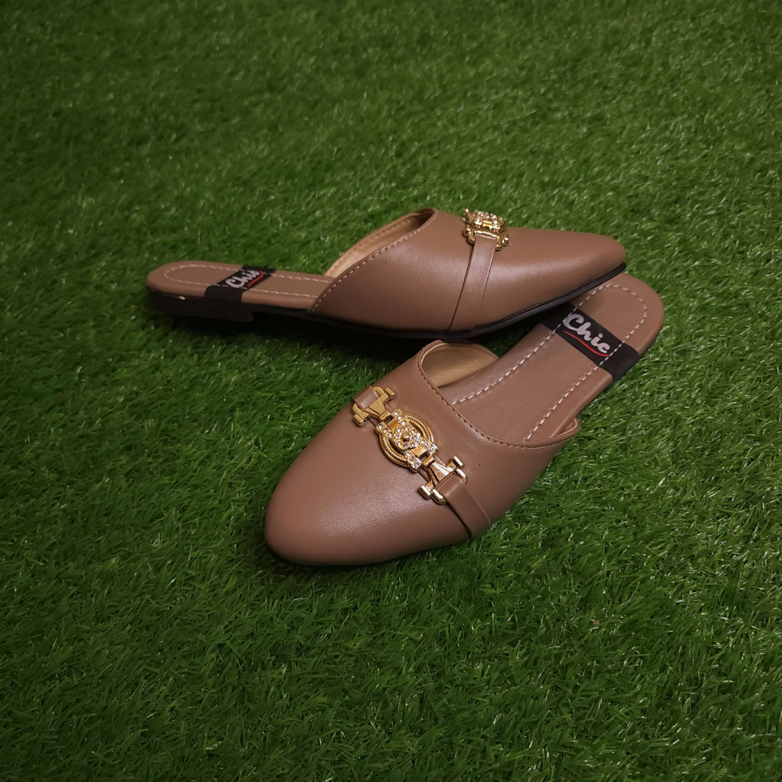 Khaki Buckle Mules in Flat