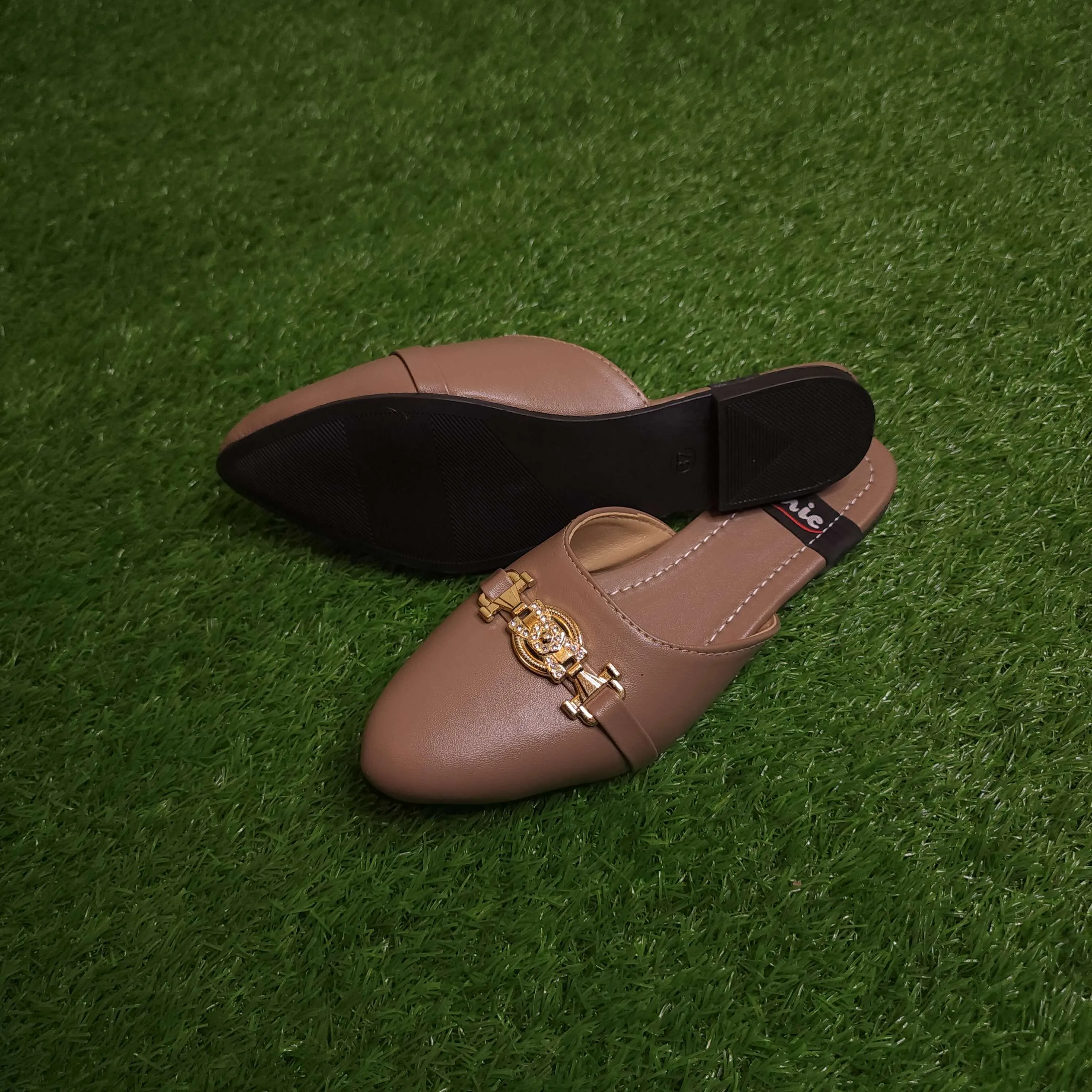 Khaki Buckle Mules in Flat