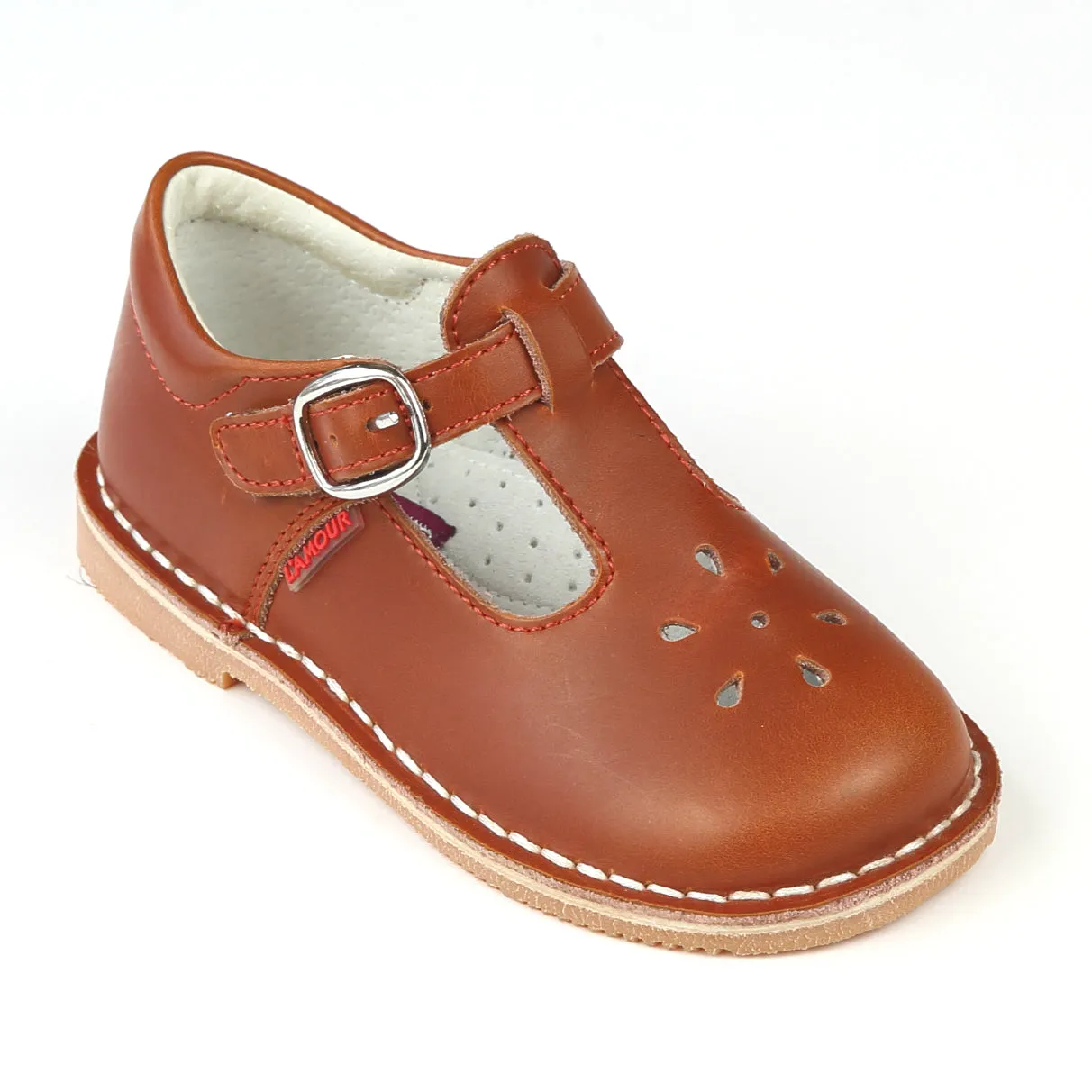 L'Amour Girls Waxed Leather T-Strap Mary Janes