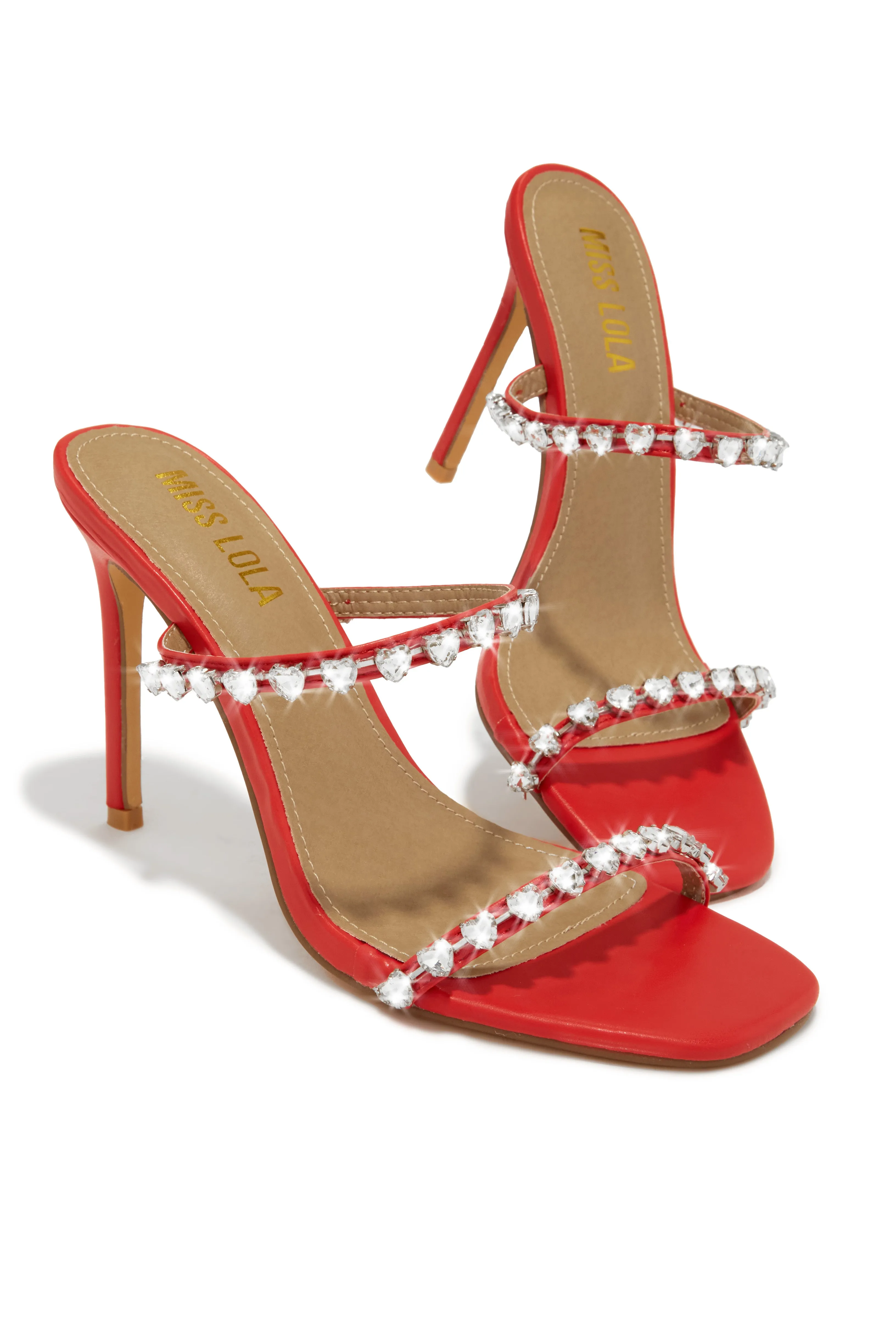 Love Addiction Embellished High Heel Mules - Red