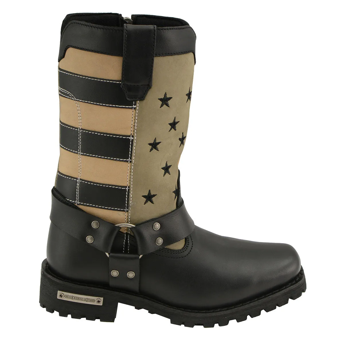 Milwaukee Leather MBL9363 Women’s ‘Stars and Stripes’ Black and Tan Leather Motorcycle Rider Harness Boots