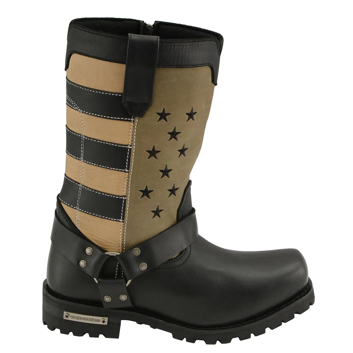 Milwaukee Leather MBM9045 Men's 'Stars and Stripes' Black with Tan Motorcycle Rider Harness Boots