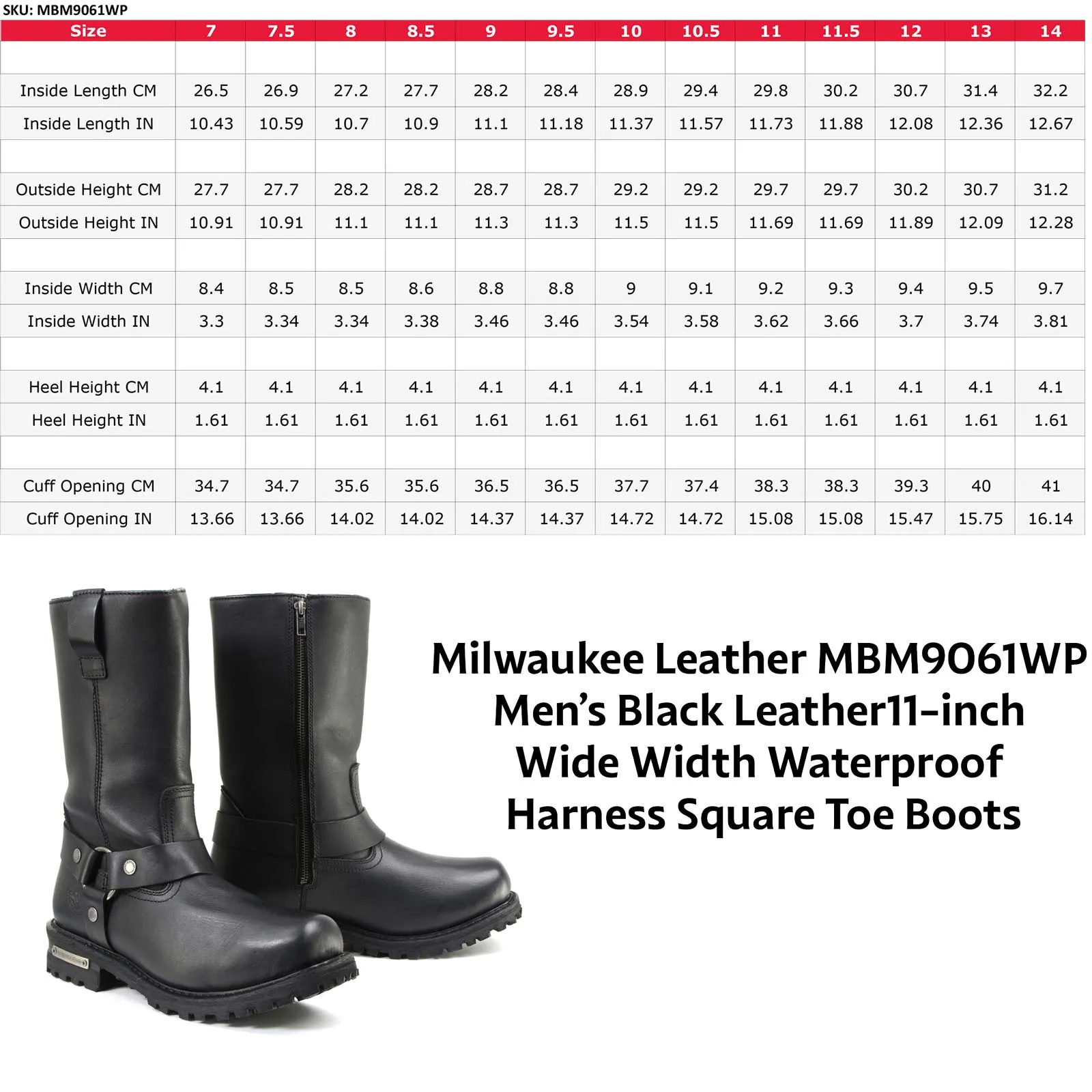 Milwaukee Leather Men’s Black Waterproof Boots 11-inch Wide Width