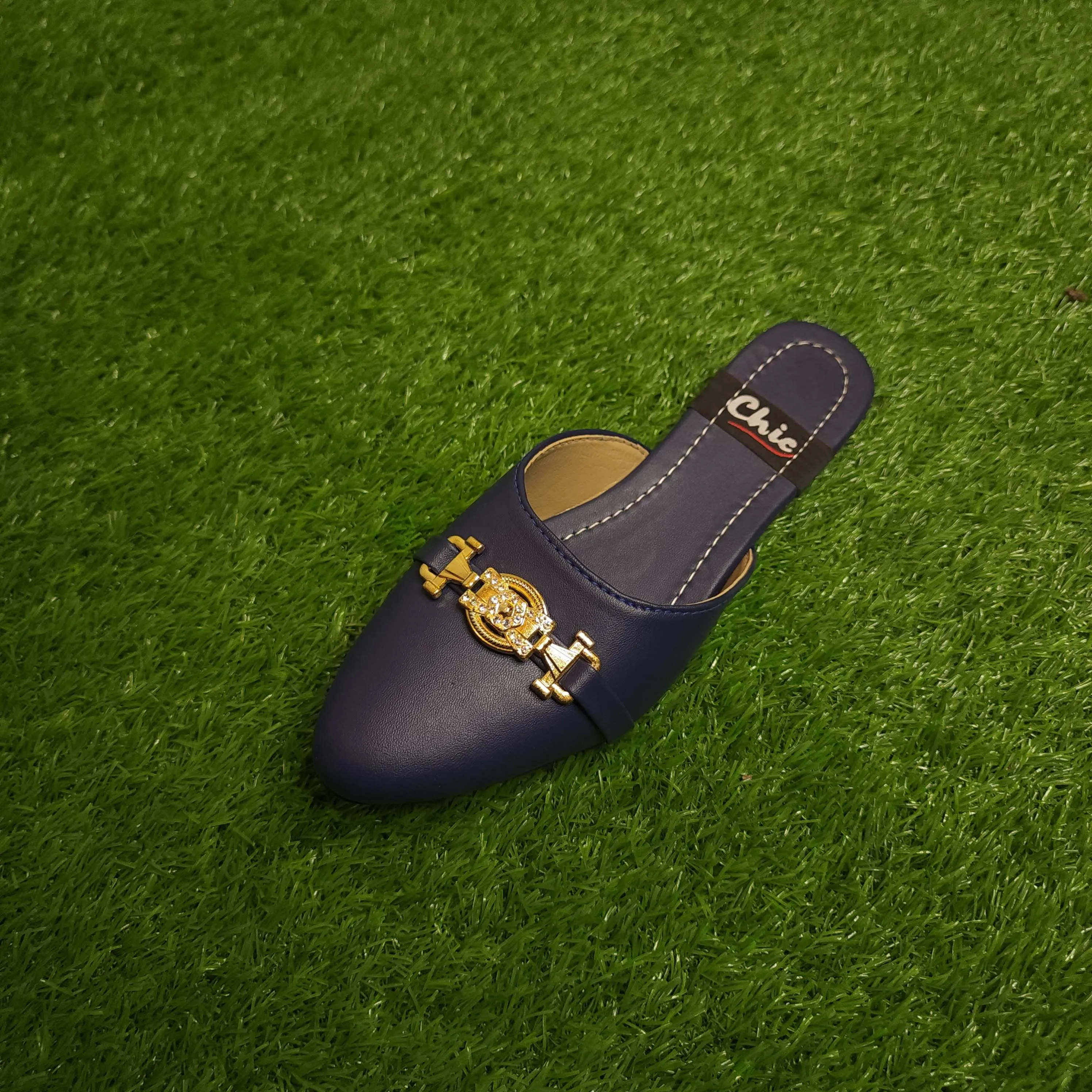 Navy Buckle Mules In Flat Sole