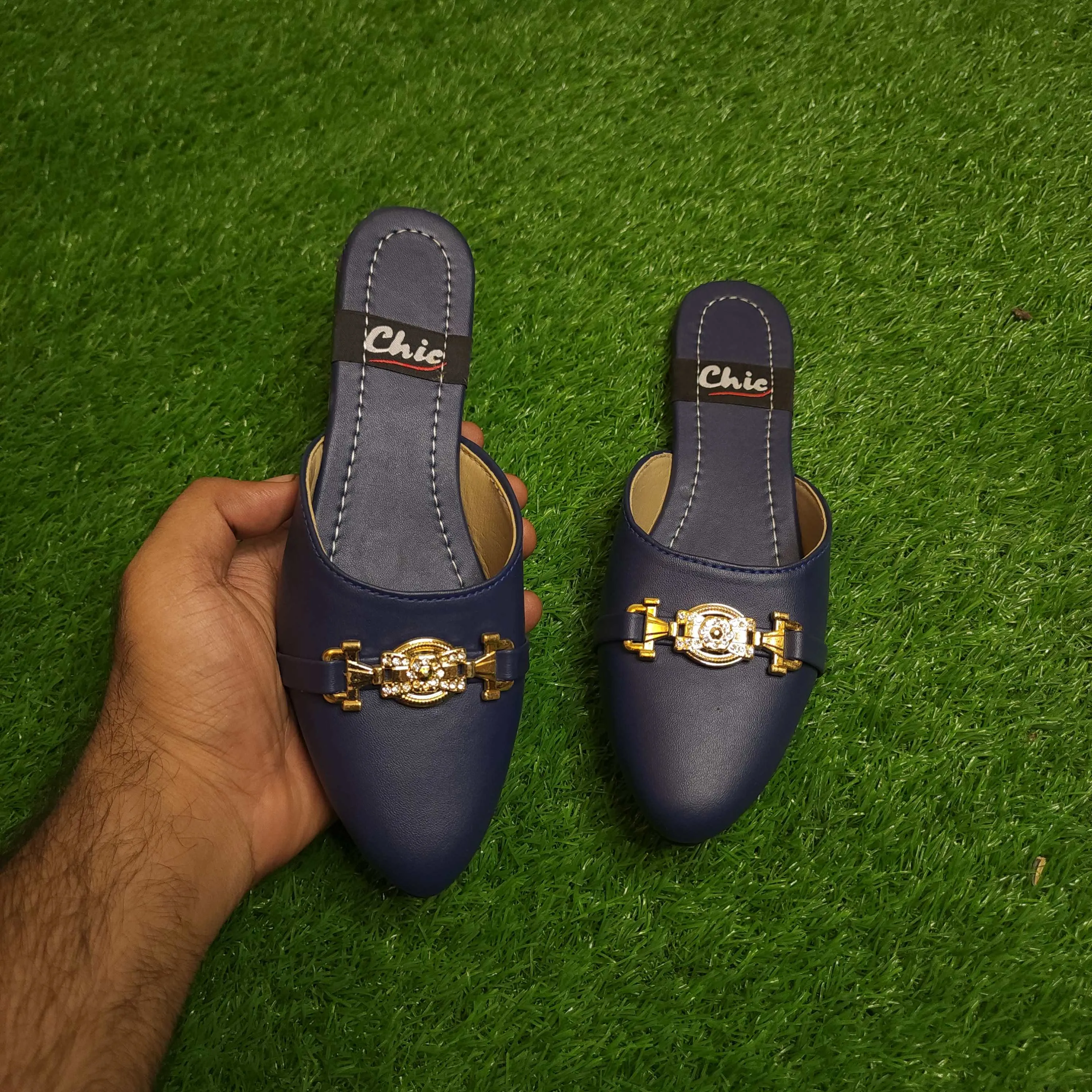 Navy Buckle Mules In Flat Sole