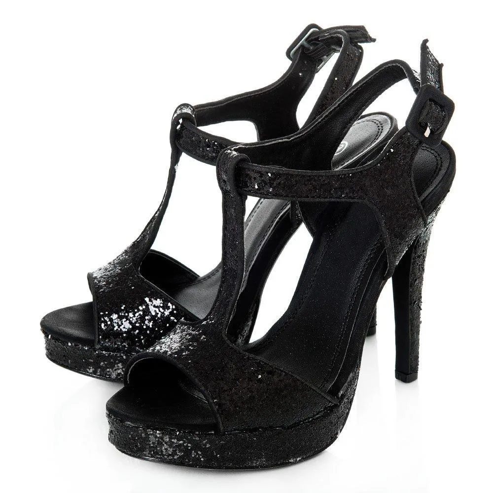 Paula T-Bar Platform Glittery High Heel Ankle Strap Sandals