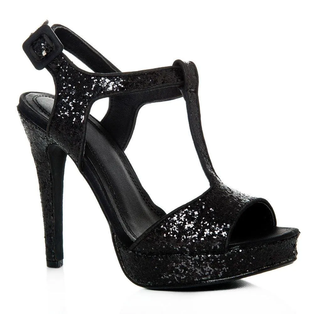 Paula T-Bar Platform Glittery High Heel Ankle Strap Sandals