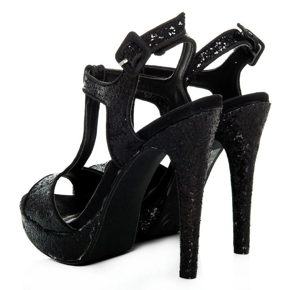 Paula T-Bar Platform Glittery High Heel Ankle Strap Sandals