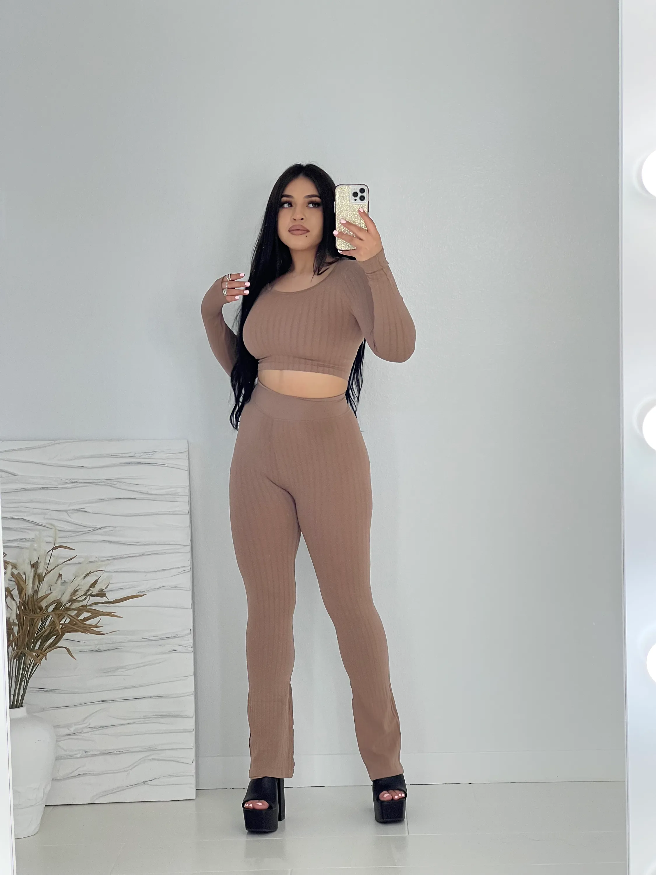 Sasha Cardinal Ribbed Long Sleeve Pant Set (Smoke)