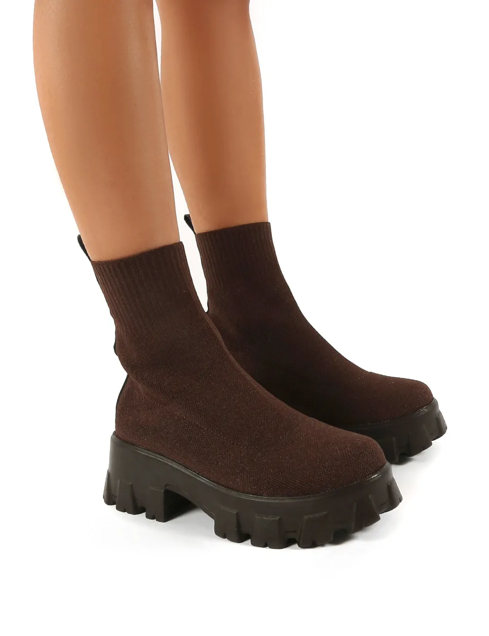 Trust Chocolate Chunky Platform Sole Sock Ankle Boots