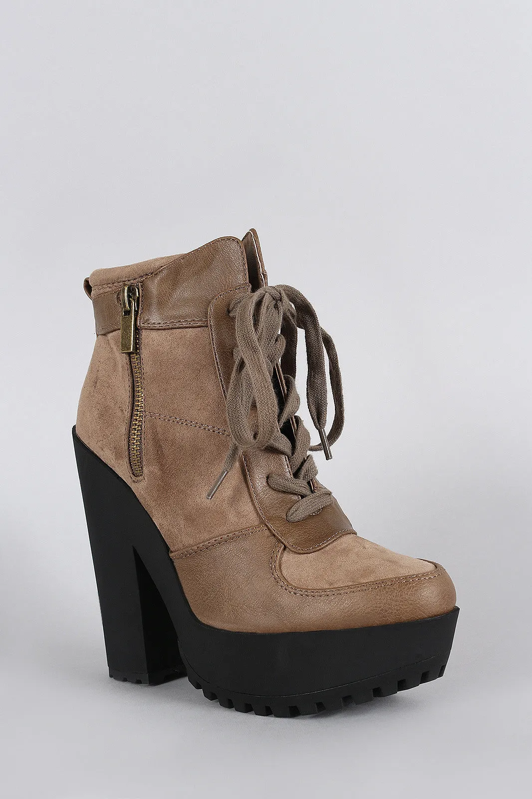 Zipper Lace Up Contrast Lug Sole Platform Heeled Combat Ankle Boots